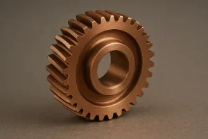 一个由 CNC 精密加工的青铜螺旋齿轮清晰可见,显示出该合金在重型机械应用中的高强度和耐磨性。