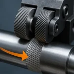 Knurling process on a CNC lathe showing roller pressing against the rotating metal workpiece.