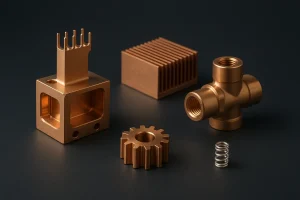 High-precision copper alloy machined parts, including connector housing, heatsink, and fluid valve components, showcasing material versatility.