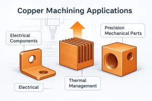 Copper machining applications showing electrical connector, heat sink, and precision valve body in industrial gray-blue style.