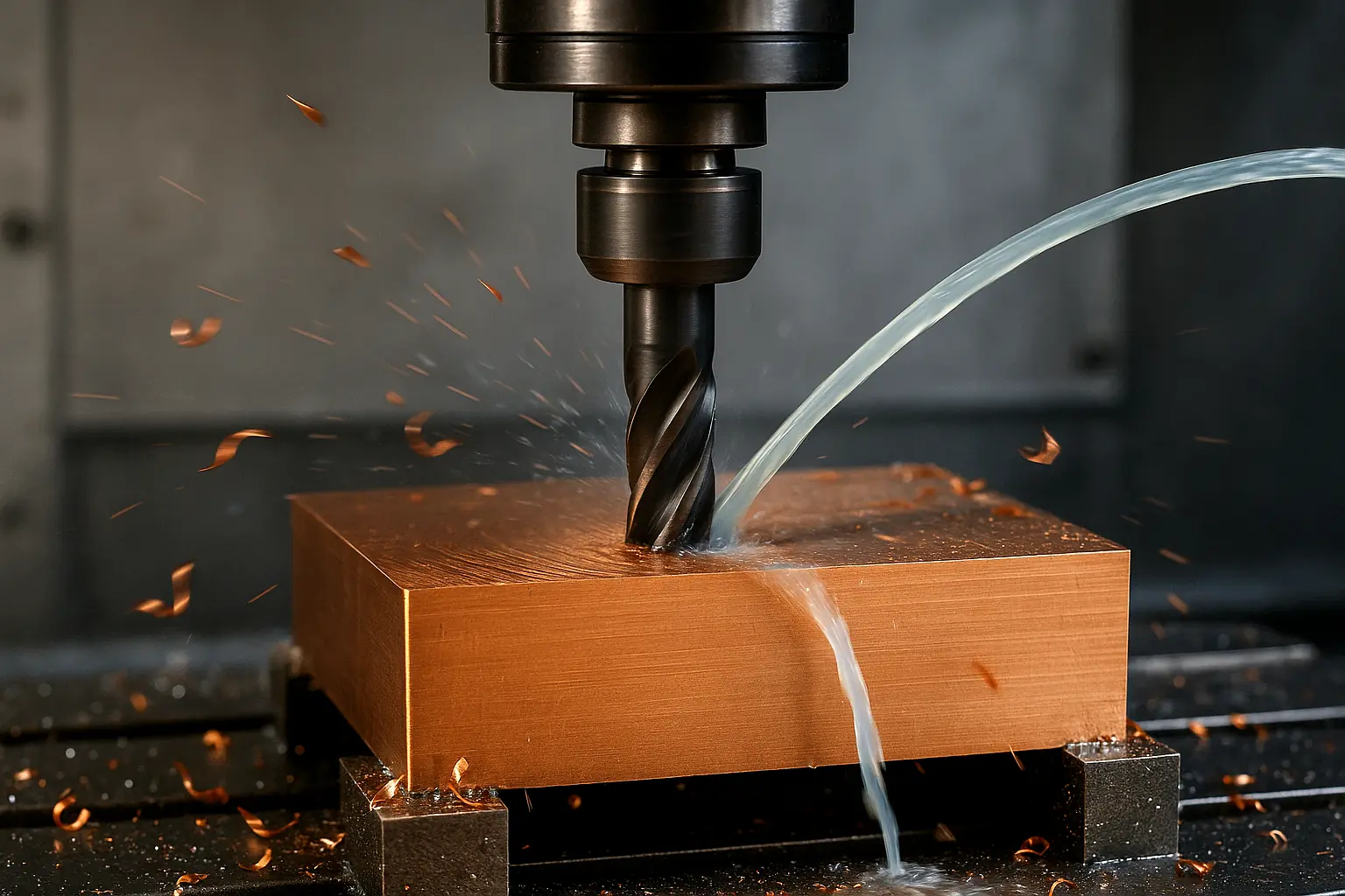Copper machining process showing CNC tool cutting a copper workpiece with coolant flow and precision fixturing