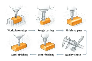 Copper machining process diagram showing setup, rough cutting, semi-finishing, finishing, and final quality check in industrial gray-blue style.