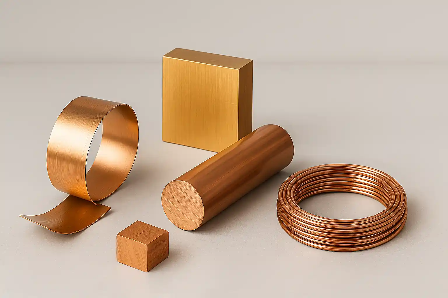 Copper alloy basic industrial forms, including rod, flat stock, strip, coil, and tube, showcasing material versatility.