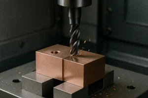 Close-up of high-precision CNC milling of a copper alloy component, showing tool contact for detailed SEO.