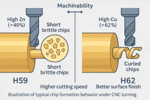 Machinability comparison of H59 and H62 brass showing short brittle chips vs long curled chips during CNC turning.