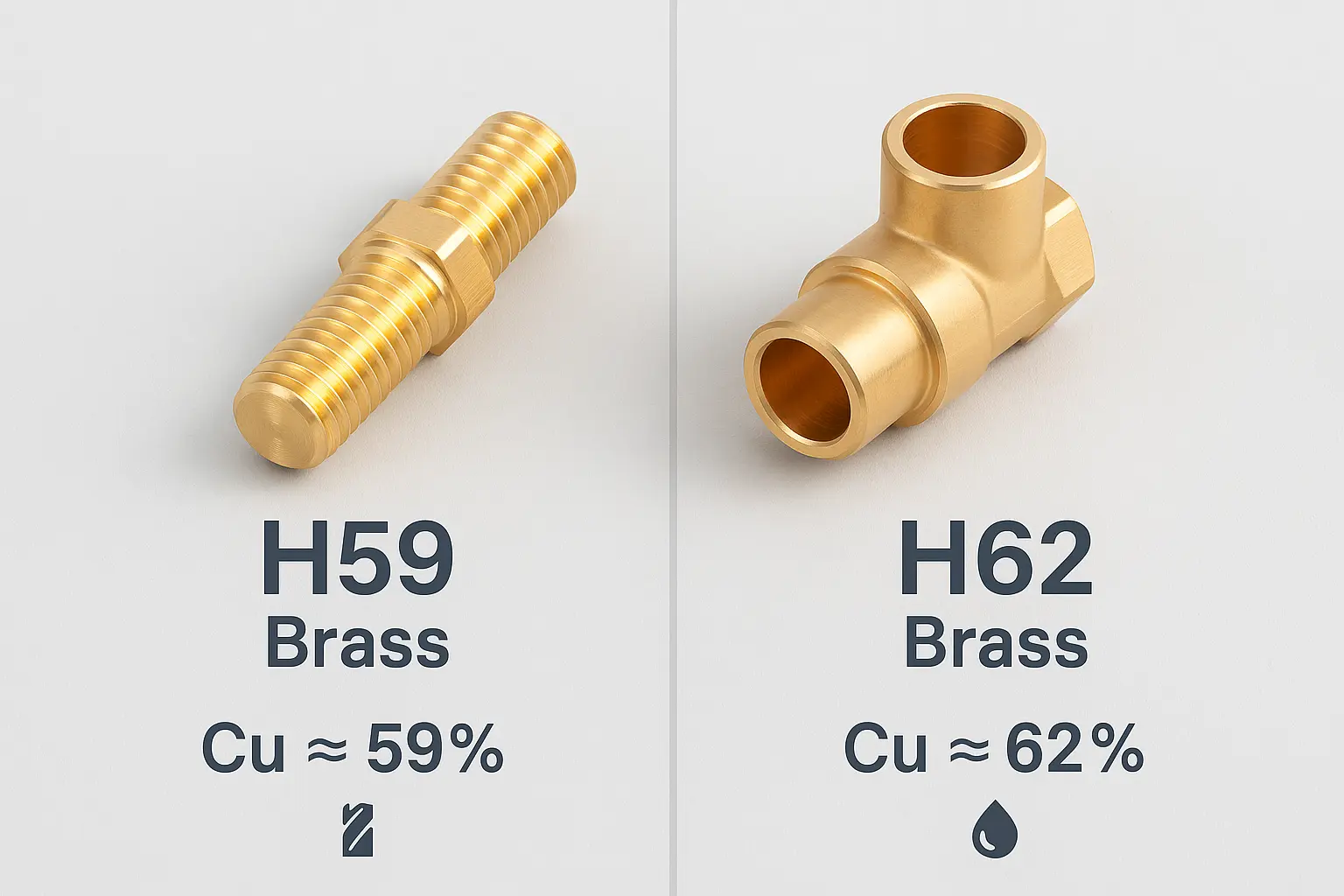 Comparison of H59 and H62 brass showing copper content and typical CNC machined fittings.