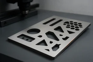 激光切割金属板,展示激光切割的精确边缘和复杂的几何切口。