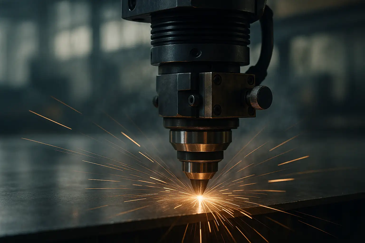 激光切割头加工金属表面的特写，橙色火花和精确的聚焦光束。