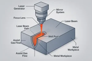 激光焊接工艺图,显示聚焦激光束、镜子系统、辅助气流和金属工件上的熔池。