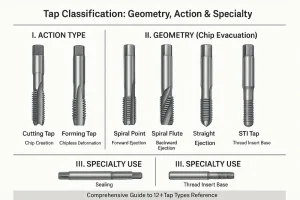 Completa tabla de clasificación de machos de roscar basada en el tipo de acción, geometría y aplicación (corte, conformado, estriado en espiral, estriado recto, STI).