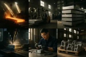 Proceso de fabricación y mecanizado de acero inoxidable que muestra el laminado en caliente, la manipulación de chapas, el fresado de precisión, la inspección y las piezas acabadas.