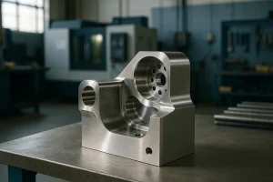 $\text{Barras de acero inoxidable apiladas junto a una máquina CNC que realiza el taladrado de una pieza cilíndrica.}$