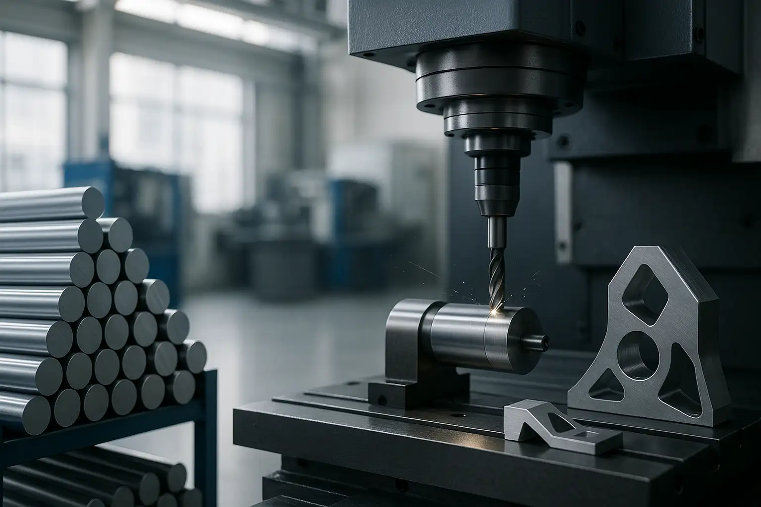 $\text{Stainless steel raw bars stacked next to CNC machine performing precision machining on a custom part.}$