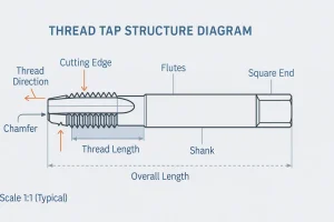 diagrama de la estructura del macho de roscar que muestra el chaflán, las ranuras, el vástago y el extremo cuadrado en sección transversal técnica