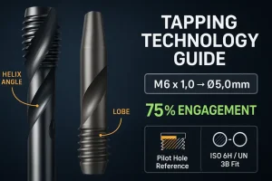 Professional thread tap types guide with pilot hole size chart and 75% thread engagement rule.