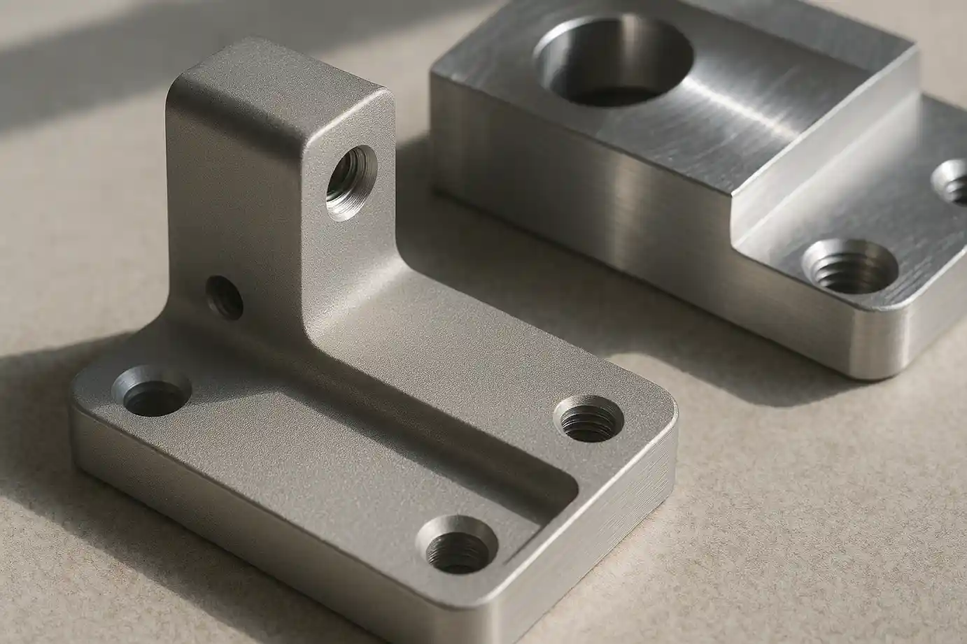 Close-up comparison of an aluminum CNC part after bead blasting (matte) next to the original machined finish (reflective).