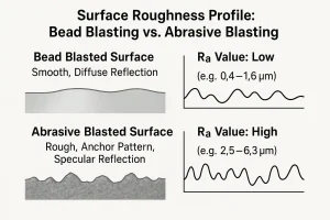 Surface Roughness Profile comparison showing low $R_a$ value (smooth) for bead blasting versus high $R_a$ value (rough anchor pattern) for abrasive blasting.