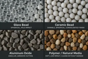 Microscopic comparison of glass, ceramic, and angular aluminum oxide blasting media, illustrating their different forms for peening versus cutting.