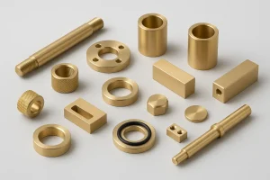 Set of brass machined parts on neutral gray background—turned, milled, threaded and knurled components