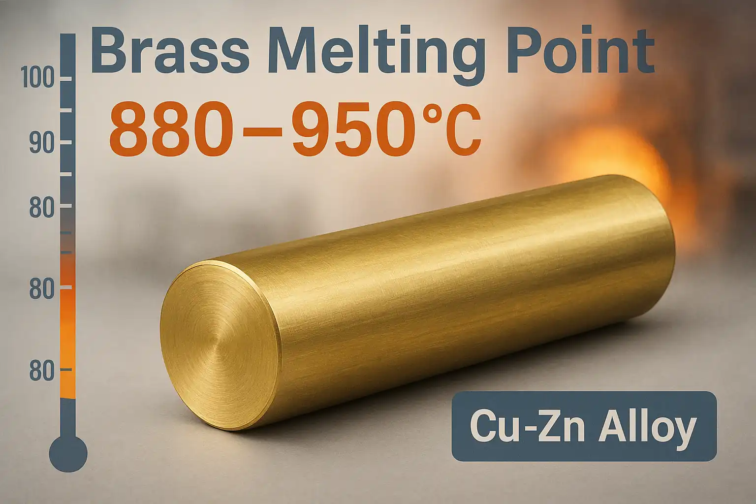 Illustration showing a brass rod and its melting point range of 880-950°C (Cu-Zn Alloy)