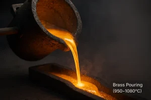 Molten brass being poured from a crucible, illustrating the process of brass melting or casting.