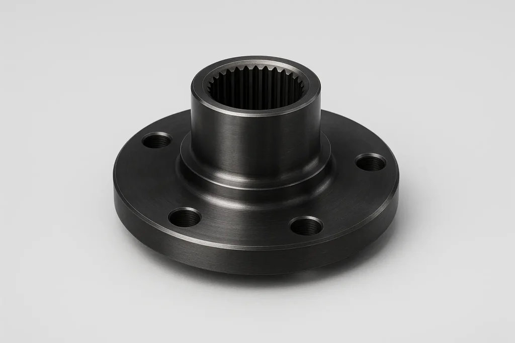 Case hardened high-strength steel transmission hub, displaying dark metallic sheen and high surface hardness.