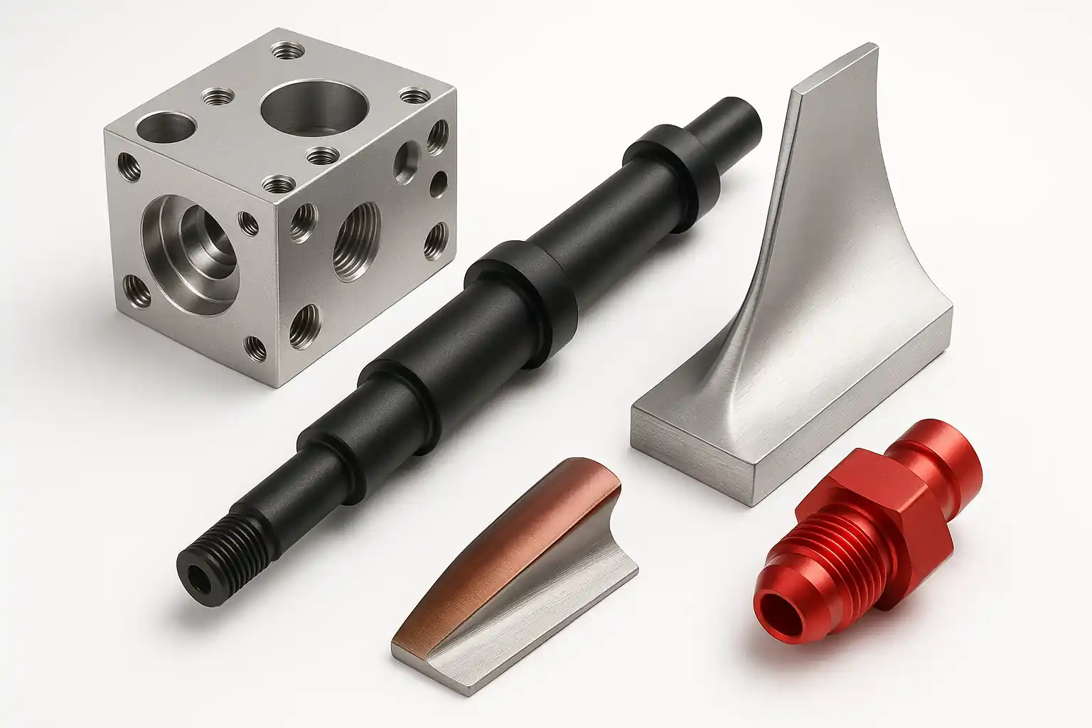 Composite of High-Precision CNC Machined Aluminum Parts with Various Finishes (Anodized, Raw Metal, Colored)