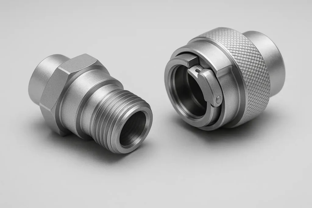 CNC Machined Aluminum Quick-Connect Coupling with Thread and Locking Mechanism