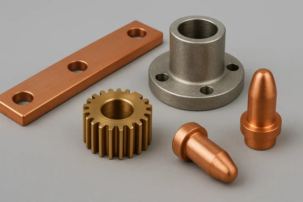 Diverse CNC Machined Copper Components including Busbars, Gears, Flanges, and Contacts, showcasing multiple alloy types.