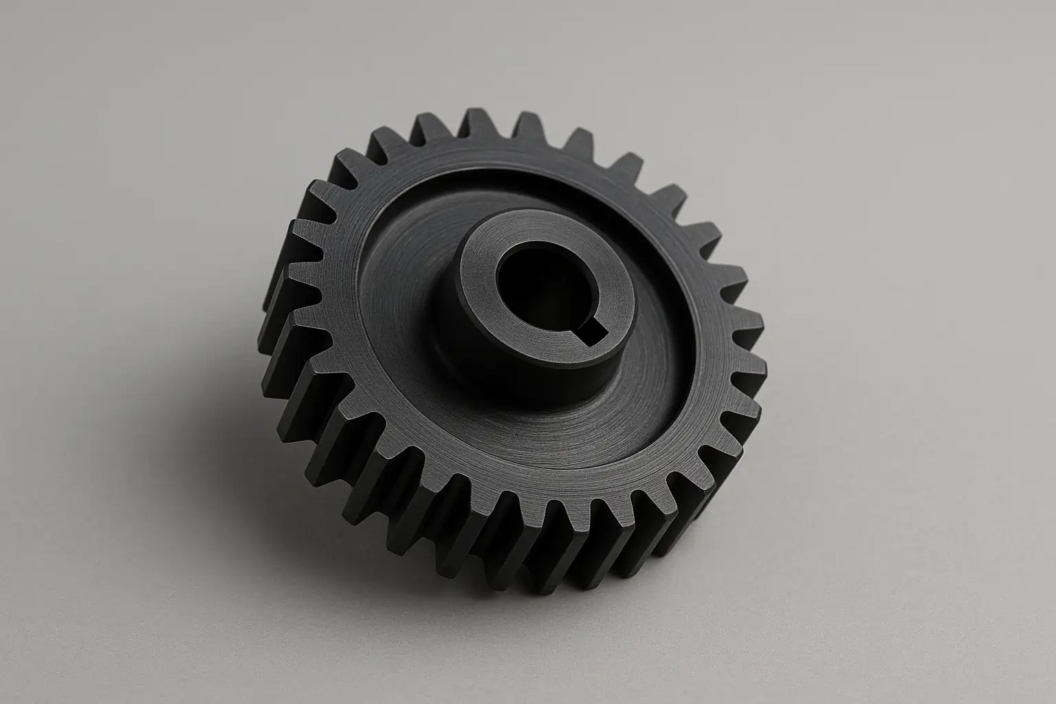 Custom CNC machined black POM (Delrin) spur gear with precision cut teeth and keyway