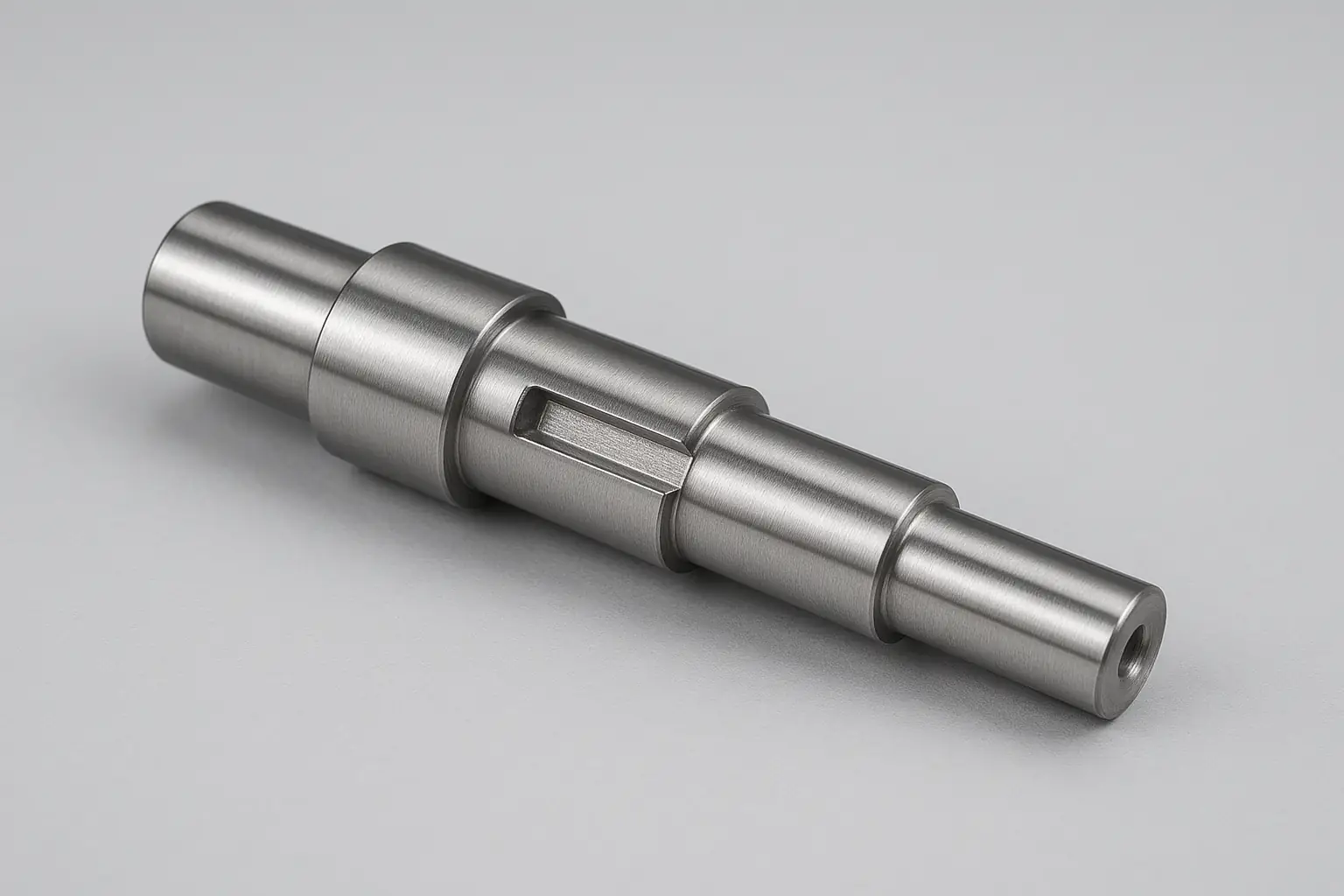 Precision CNC turned stainless steel stepped drive shaft with milled keyway and ground surface