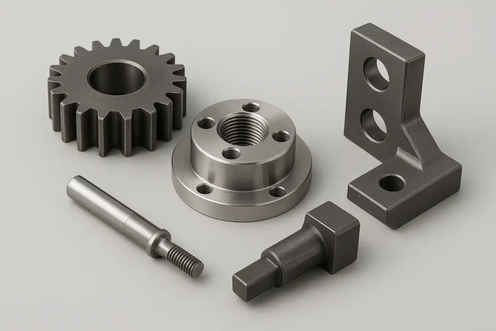 Group of CNC machined steel components: gear, flange, structural bracket, and drive shafts.