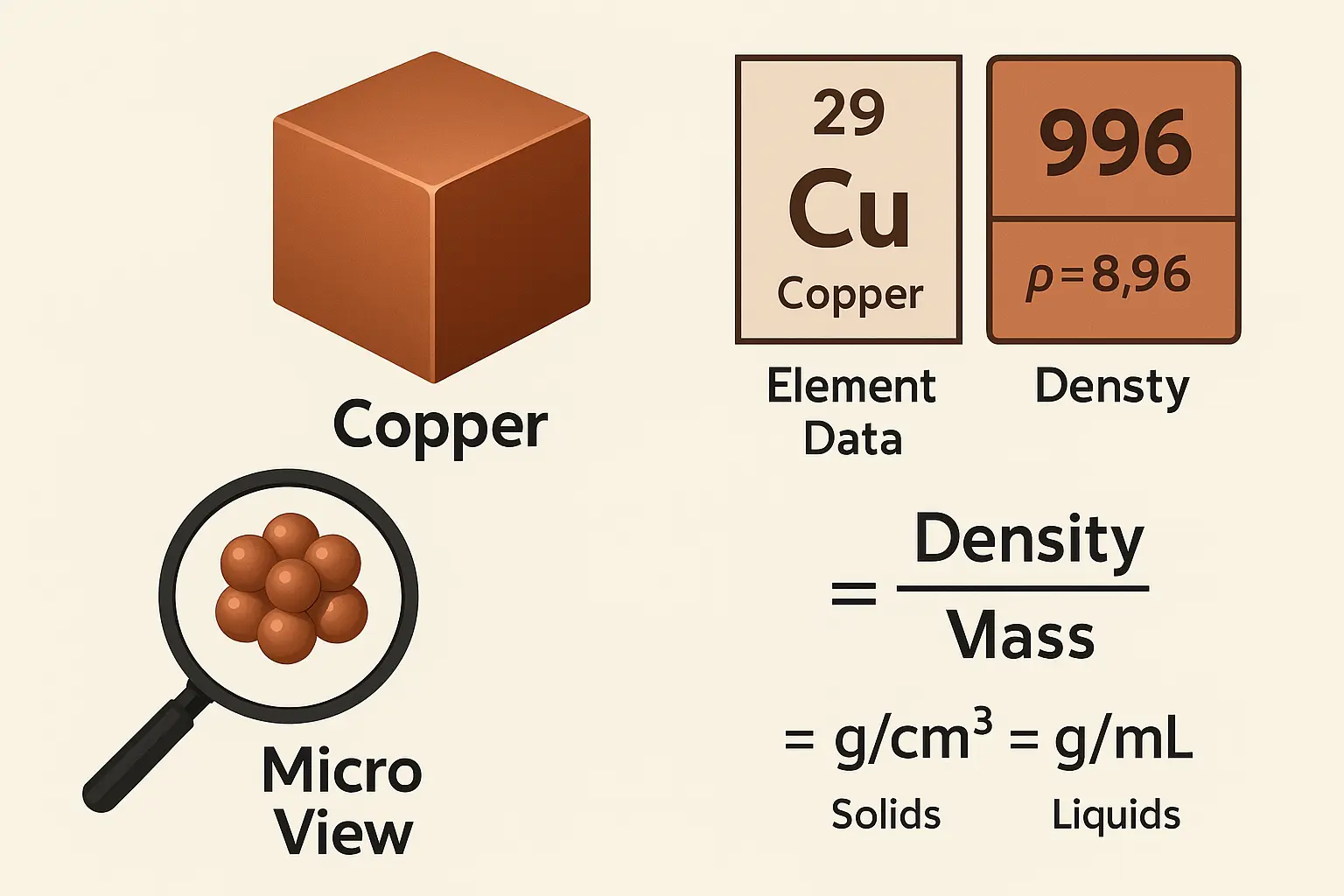 Illustration showing pure copper and its density value for material reference.