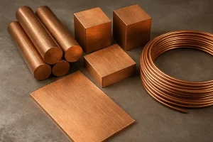 Copper raw material forms including round bars, square blocks, plates, and coiled wire.
