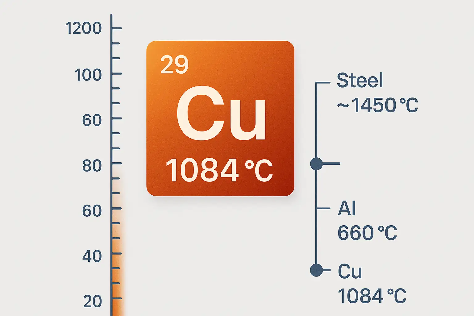 Copper melting point comparison chart showing 1084°C vs aluminum and steel