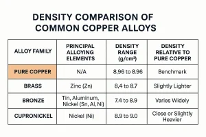 Comparison table showing the density ranges of pure copper, brass, bronze, and cupronickel alloys for engineering reference.
