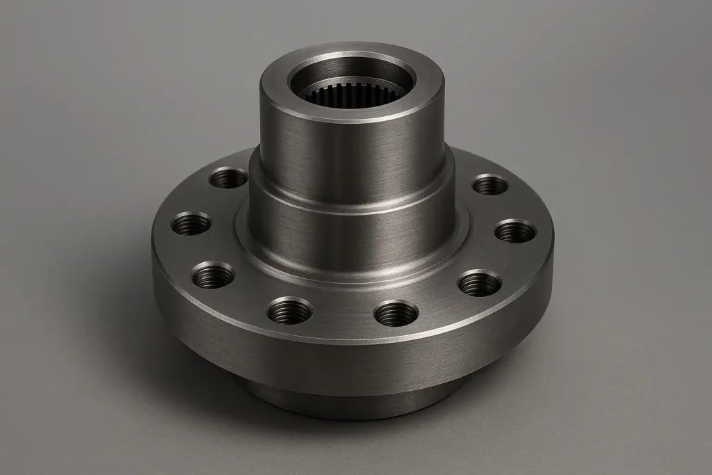 Custom CNC turned steel transmission hub with chamfered flange holes