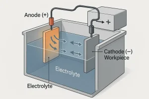Electroplating process diagram showing anode, cathode, electrolyte, and current flow