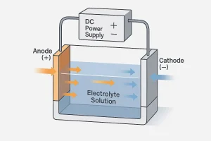 Electropolishing process diagram showing anode, cathode, and electrolyte solution with current flow direction.