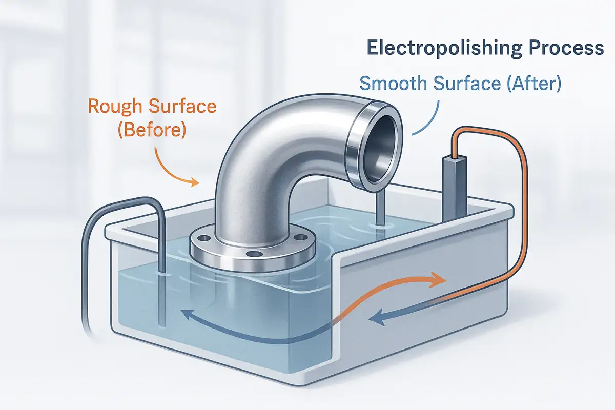 Electropolishing process showing stainless steel pipe before and after polishing, illustrating smooth and rough surfaces in the electrolyte bath.