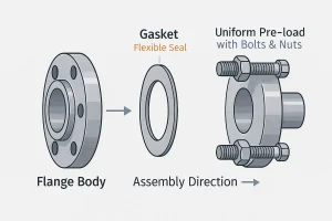 2つのフランジ本体、ガスケット、シール用ボルトを示すフランジ接続部の分解組立図。