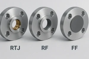 ガスケットの接触面とシール形状を示す3つのフランジフェーシングタイプ（TTJ、RF、FF）の現実的な比較。
