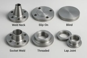 ウェルドネック、スリップオン、ブラインド、ソケット溶接、ねじ切り、重ね継手の6種類の一般的なフランジを、グレーの背景に2列に並べたリアルな概要図。