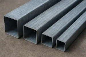 Close-up view of galvanized steel square tubes showing zinc-coated surface.
