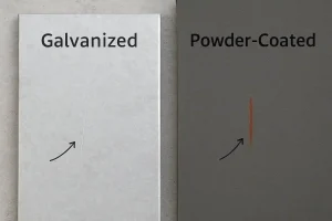 Scratch comparison between galvanized steel and powder-coated steel showing zinc sacrificial protection versus rust exposure.
