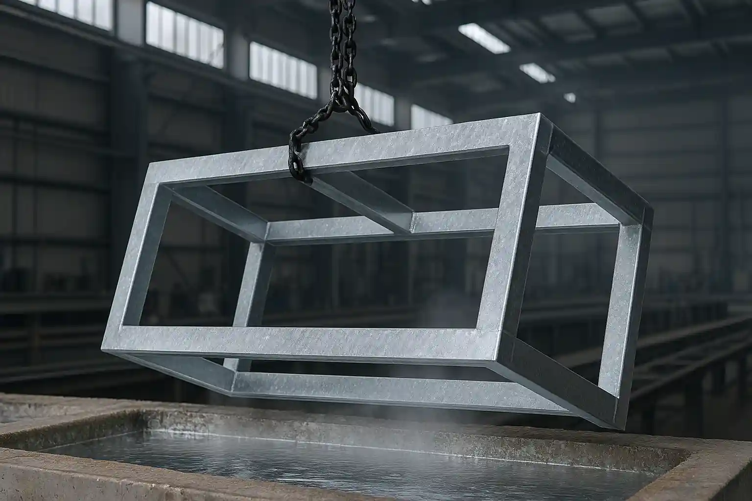 Steel frame being immersed into molten zinc during the hot-dip galvanizing process
