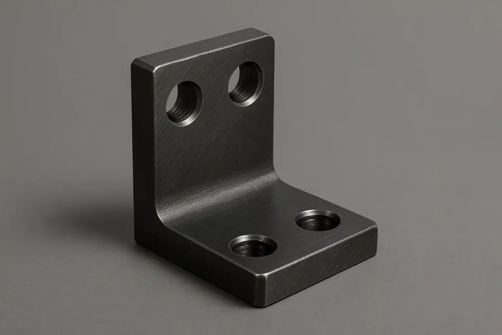 Heavy-duty CNC milled carbon steel L-bracket with reinforcement ribs and black oxide finish