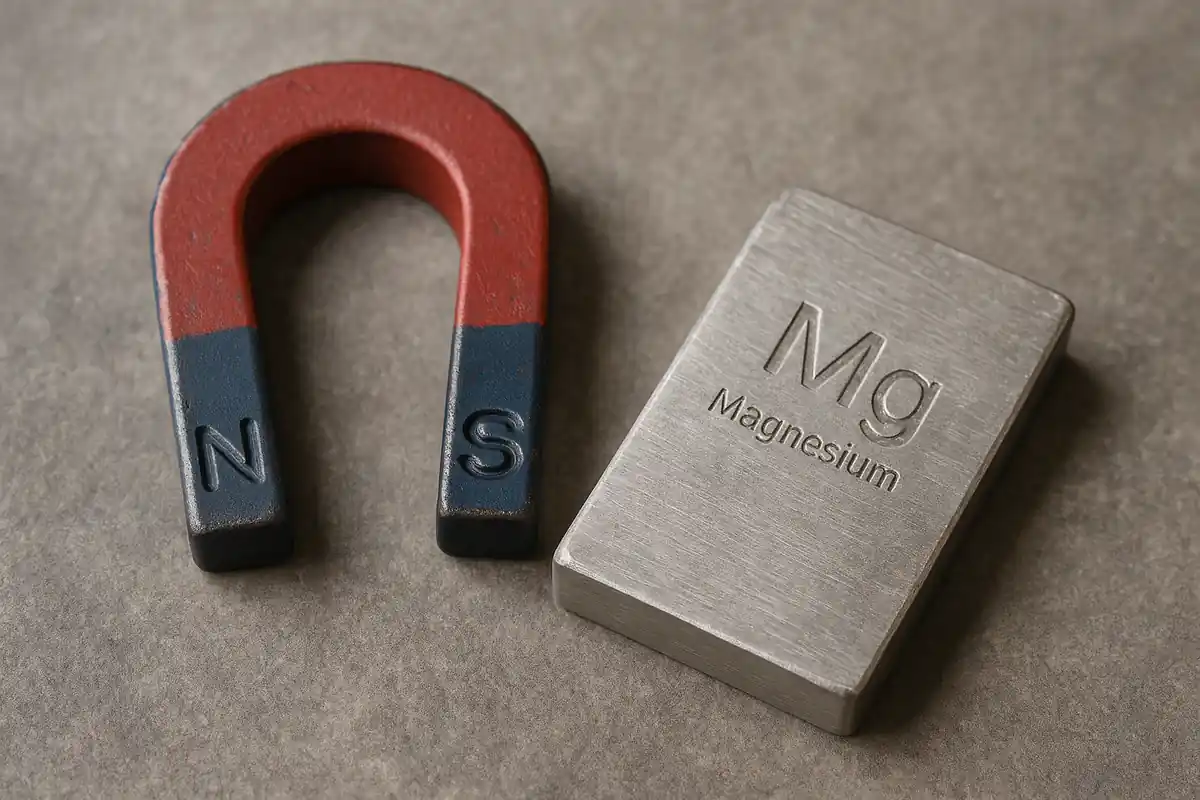 Magnesium block next to a horseshoe magnet, illustrating magnesium's non-magnetic property.