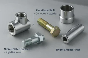 Comparison of different metal plating types including nickel, chrome, and zinc finishes