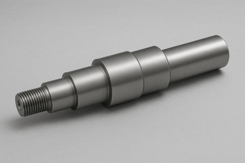 High-precision CNC turned steel stepped drive shaft with threading and smooth surface finish.